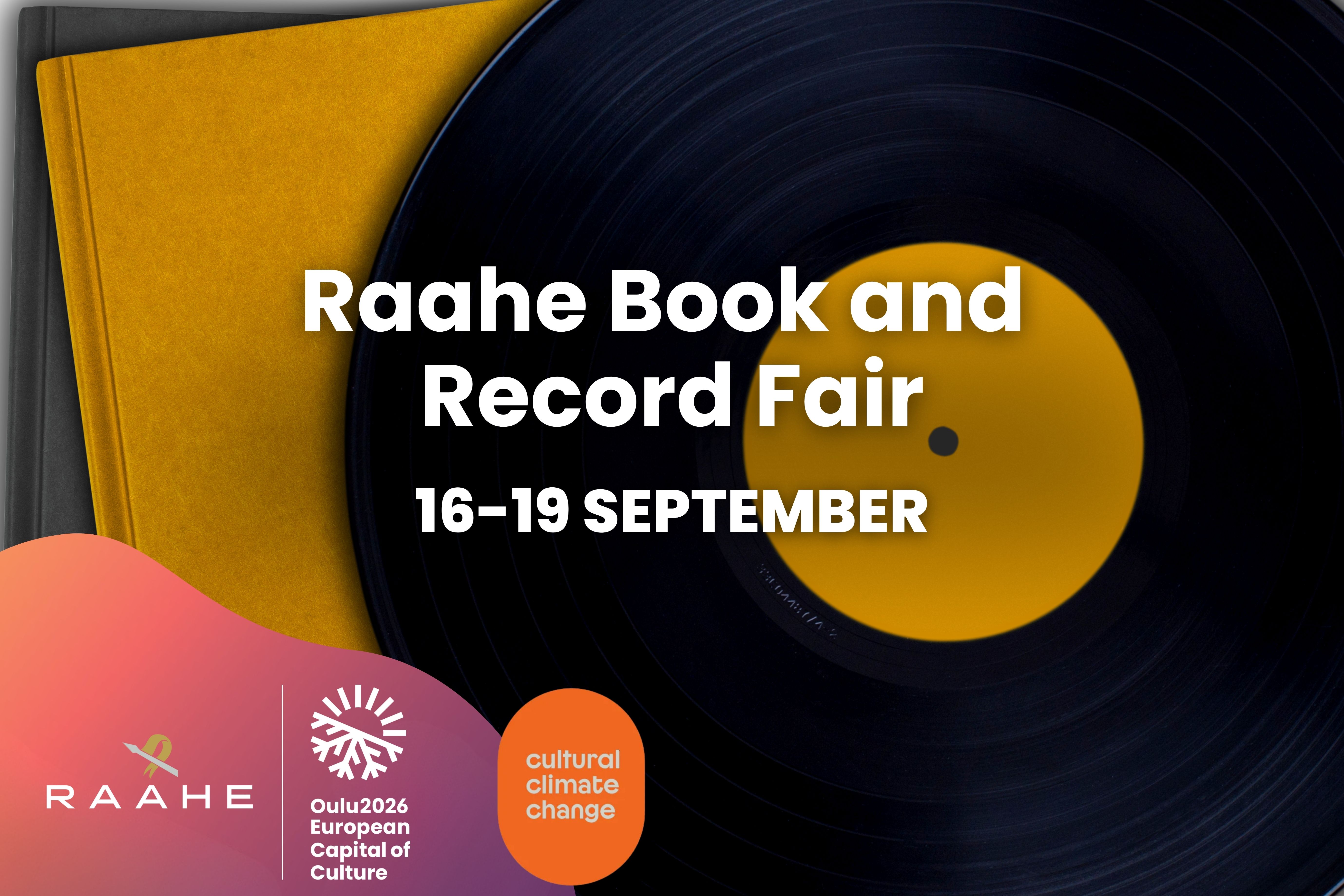 Graphic ad of Raahe Book and Record Fair with a picture of vinyl and a book.