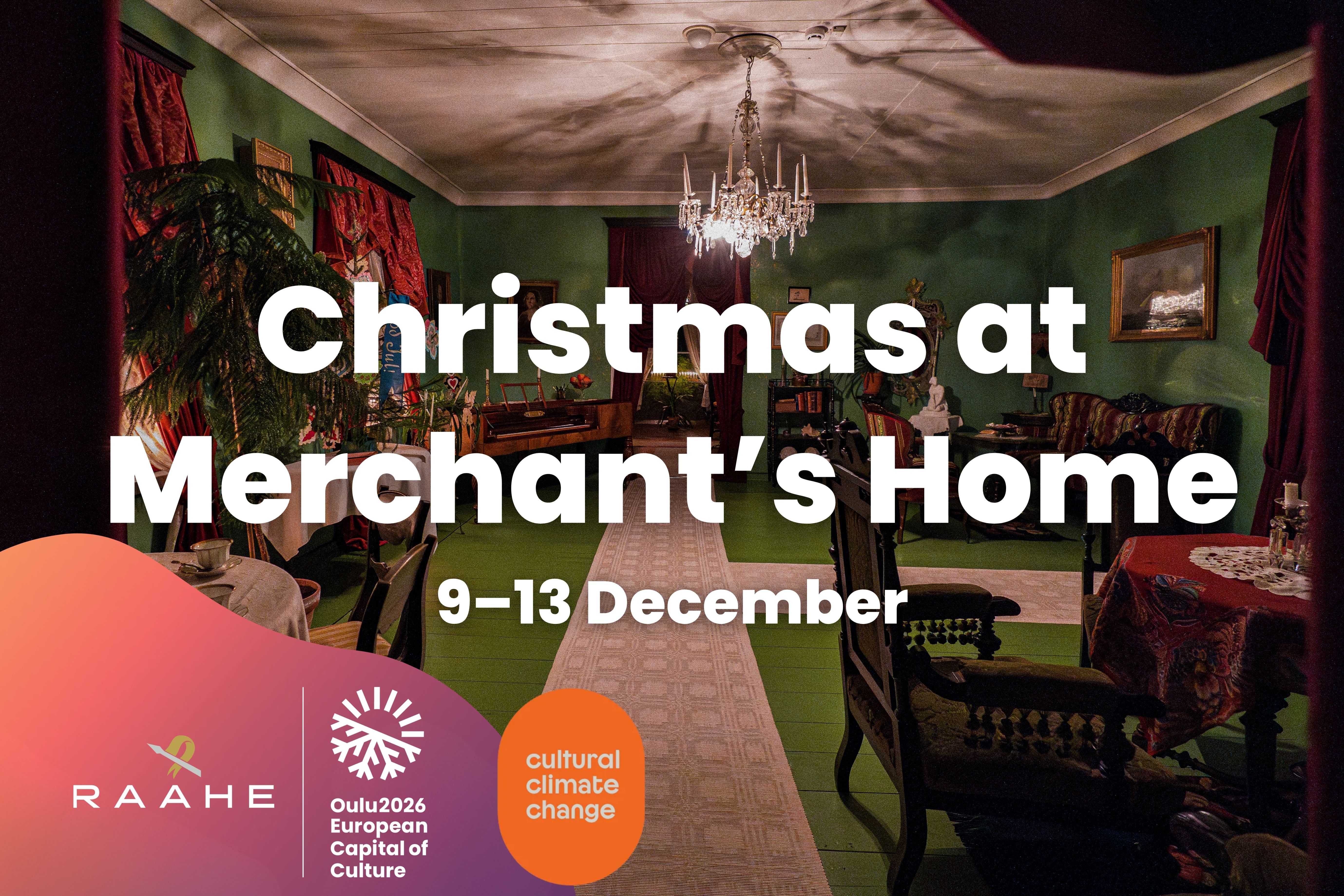 Graphic ad ofChristmas at Merchant's Home, pictured with the interior in Sovelius House.