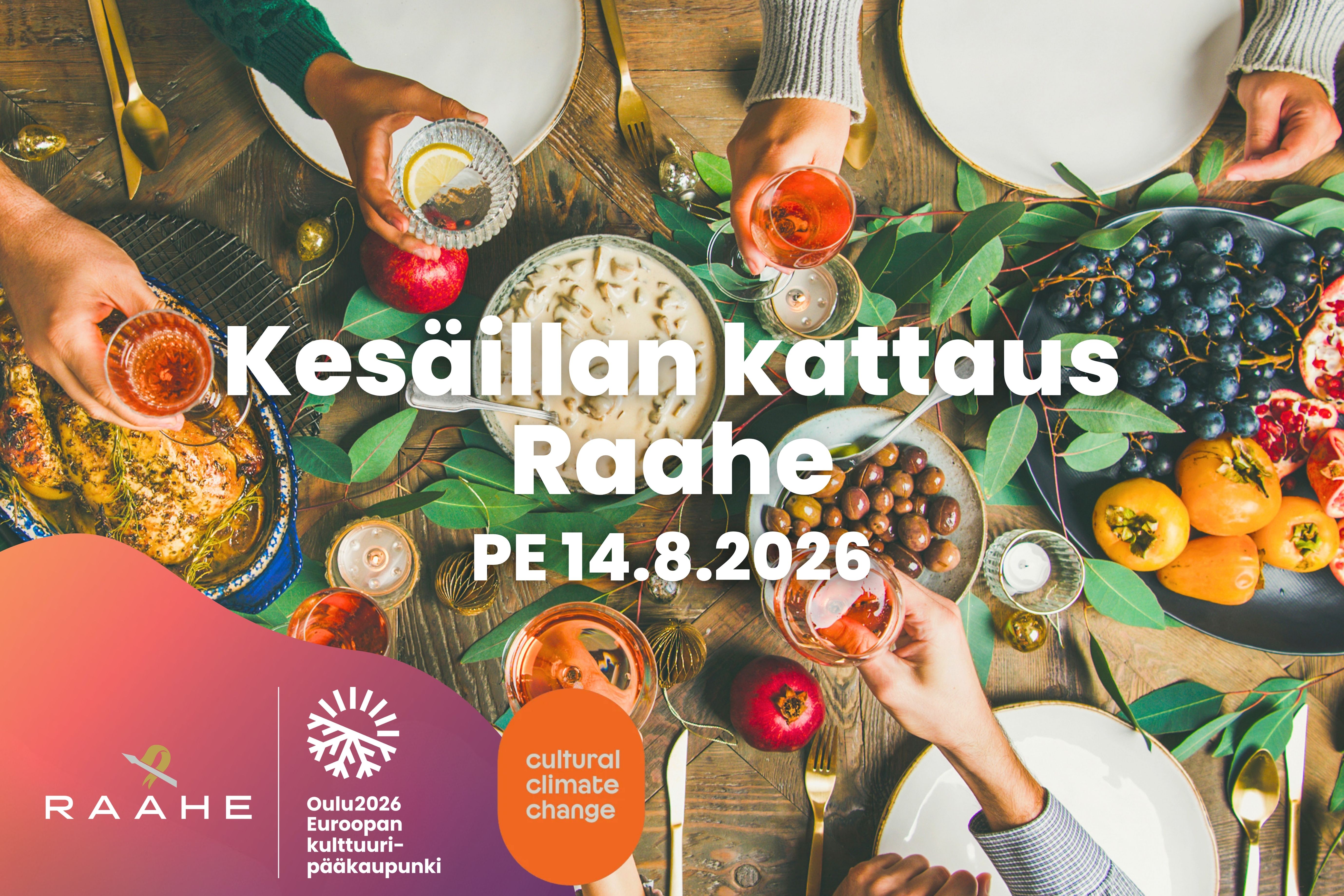 Graafinen mainos Kesäillan kattauksessa, jossa kuvana juhlapöytä.