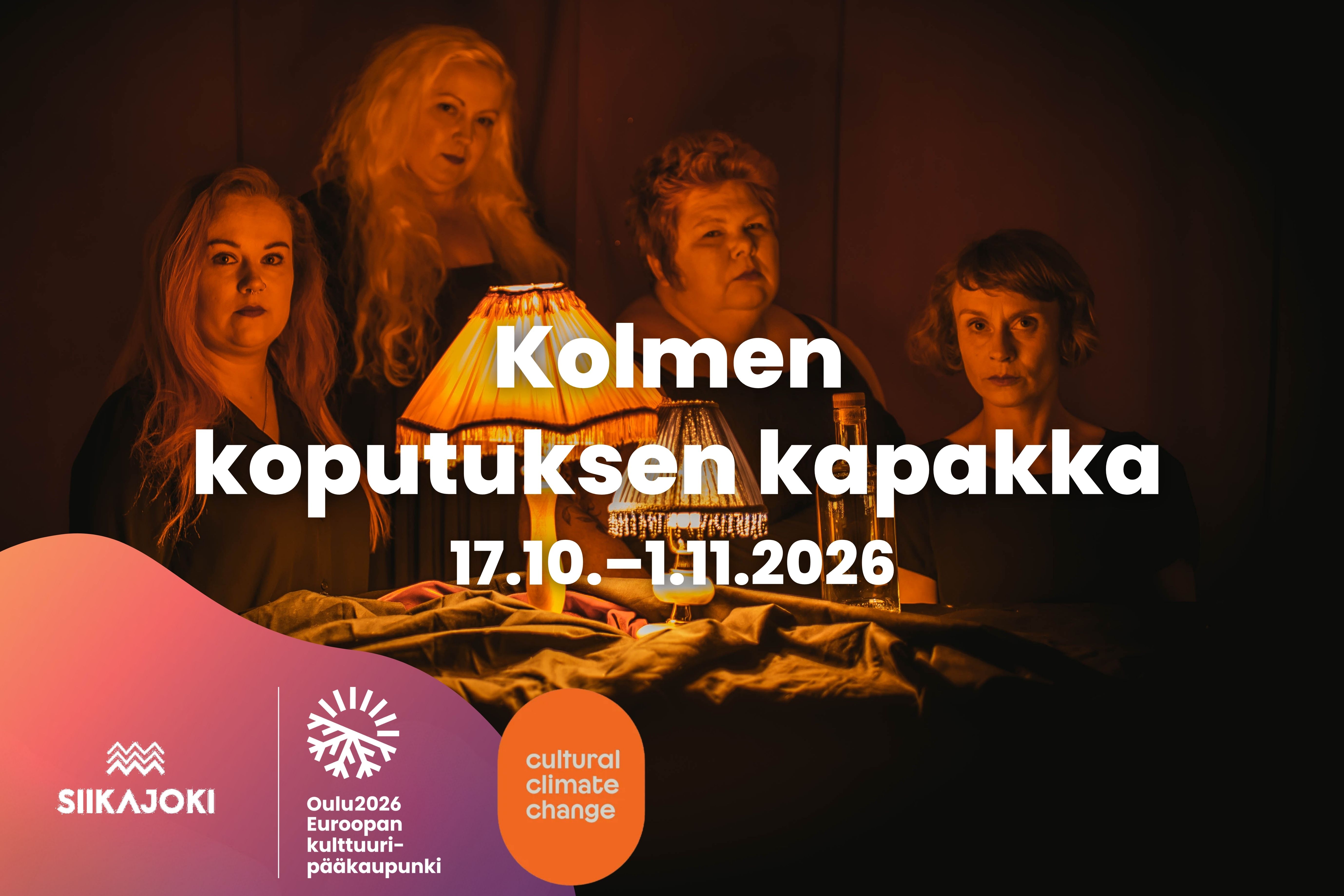 Kolmen koputuksen kapakan graafinen ilme, jossa neljä naista istuvat tuiman näköisinä hämärässä lampun valossa pöydän ääressä.