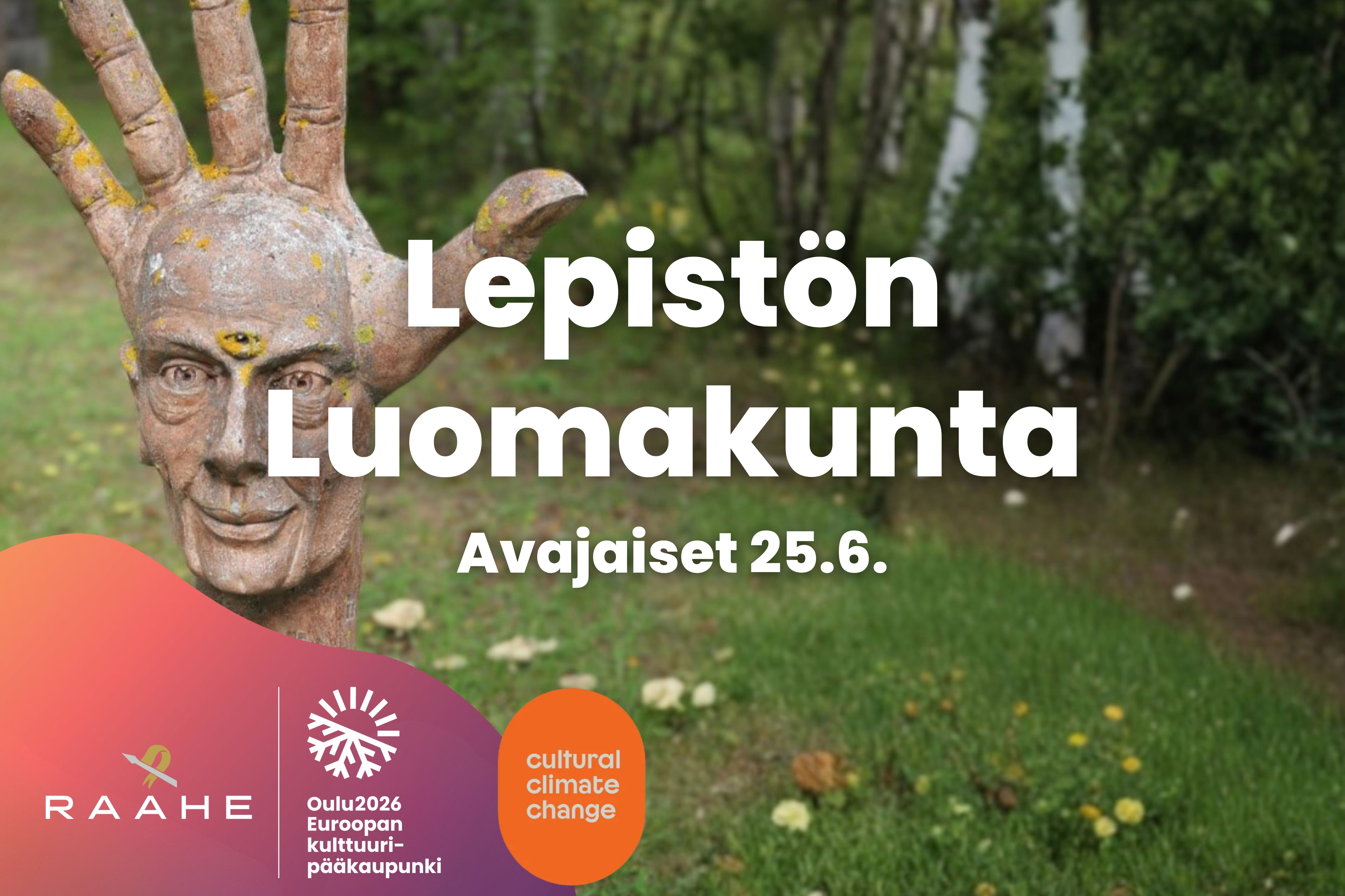 Graafinen mainos Lepistön Luomakunnasta, jossa Matti Lepistön käsiveistos.