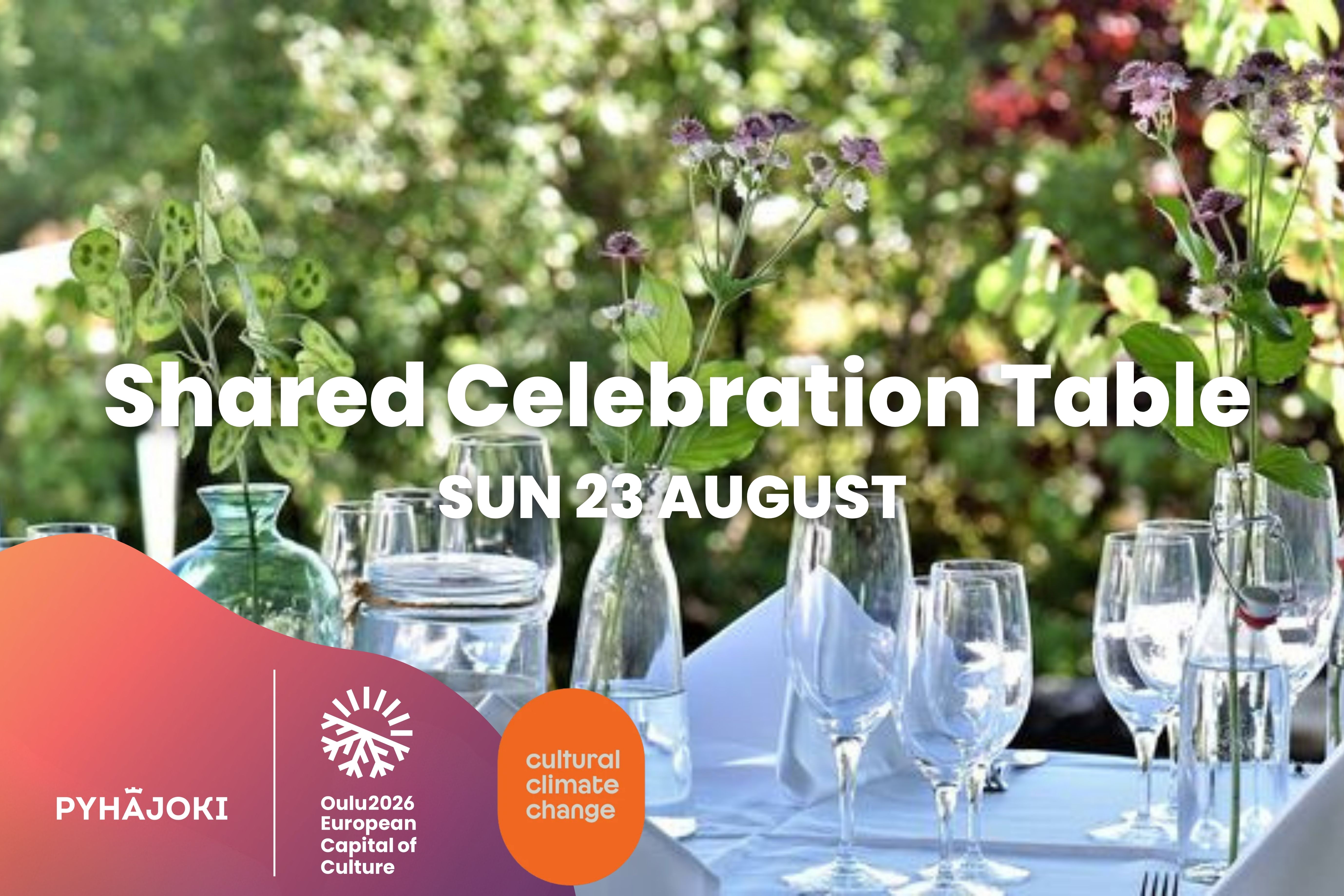 Graphic ad of Shared Celebration Table with a picture of table in a summer setting.