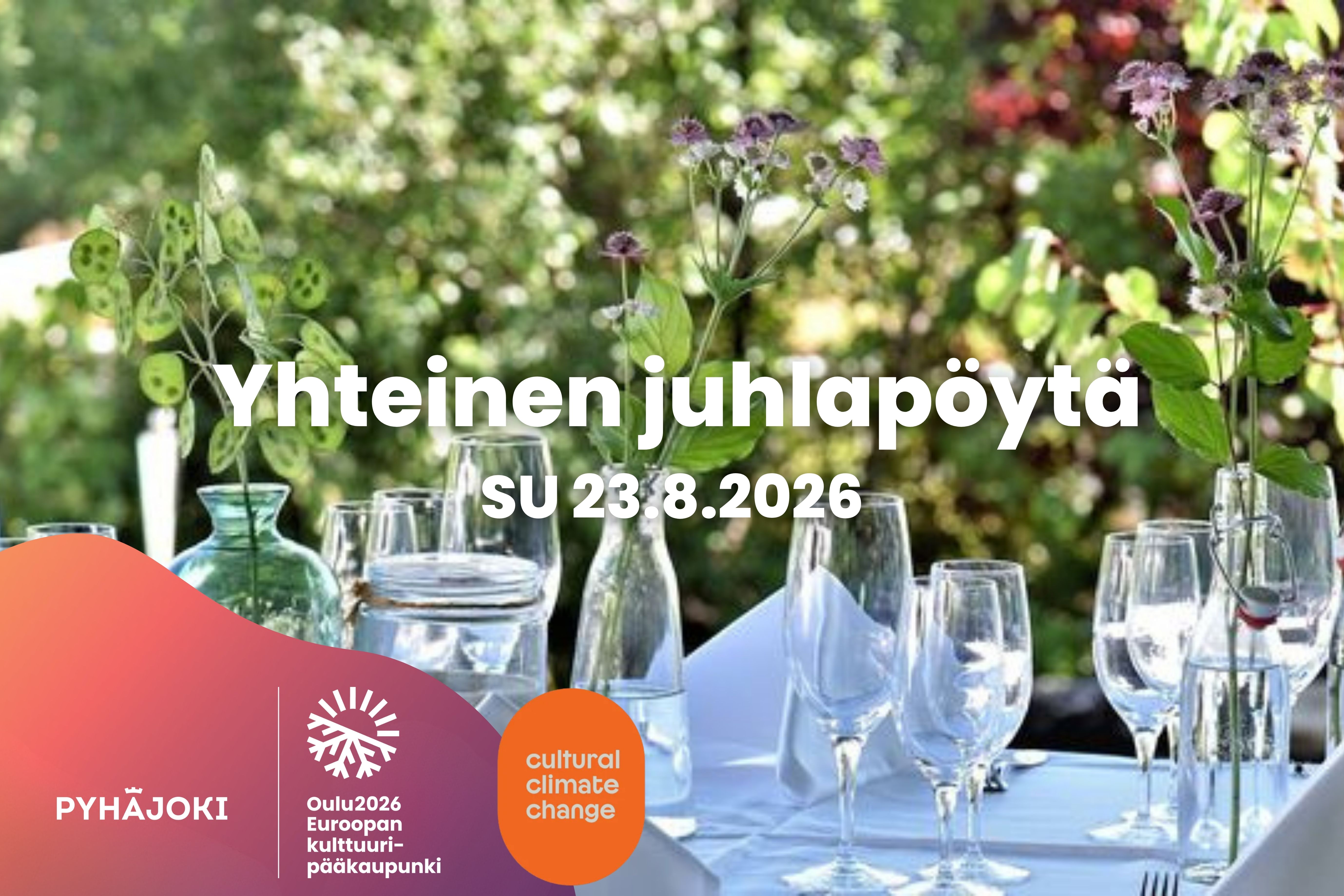 Graafinen mainos Yhteisestä juhlapöydästä, kuvassa kesäinen ruokapöytä.