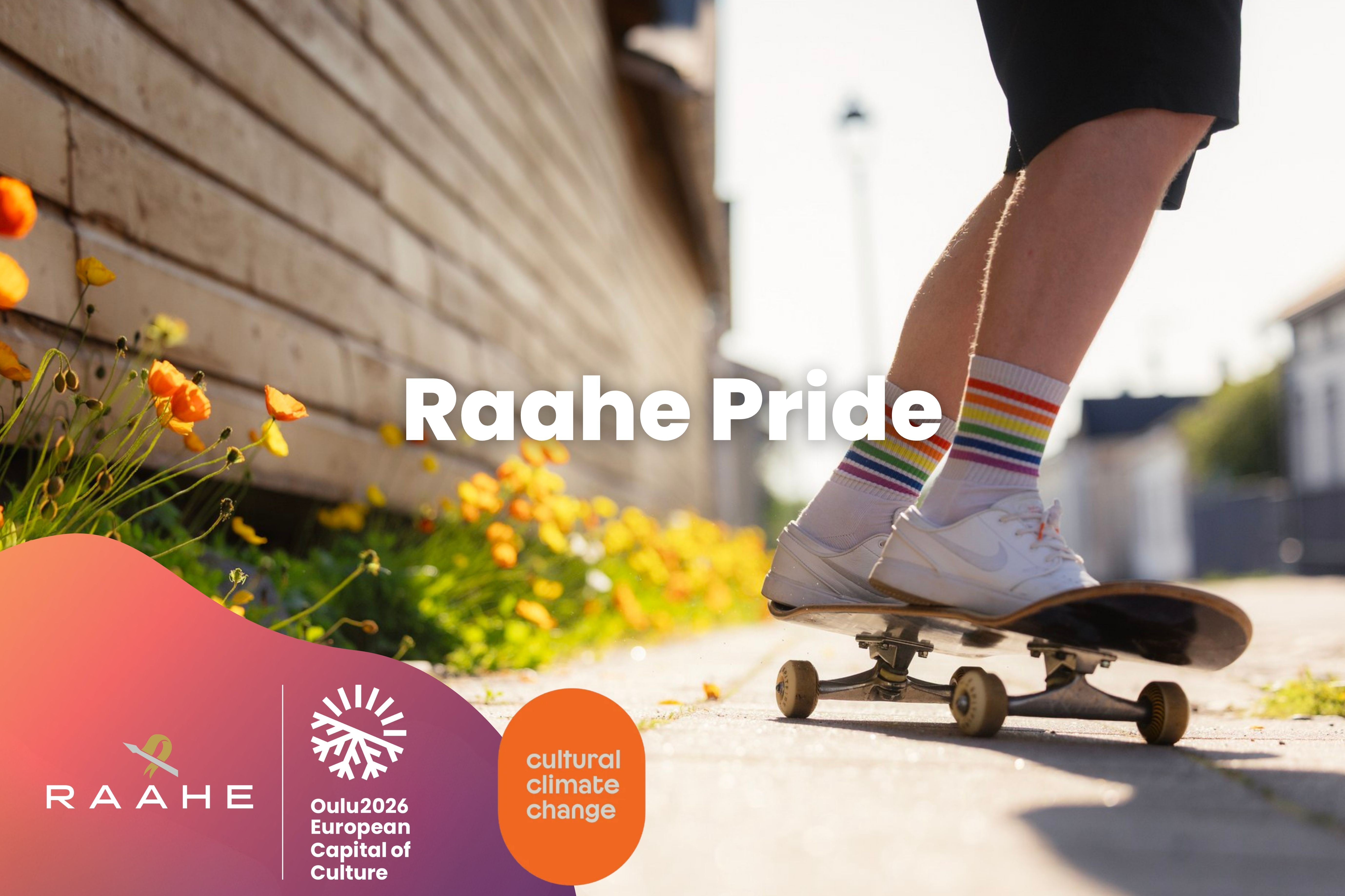 Graphic ad of Raahe Pride with a picture of skater wearing rainbow socks, in front of Finland's longest wall.