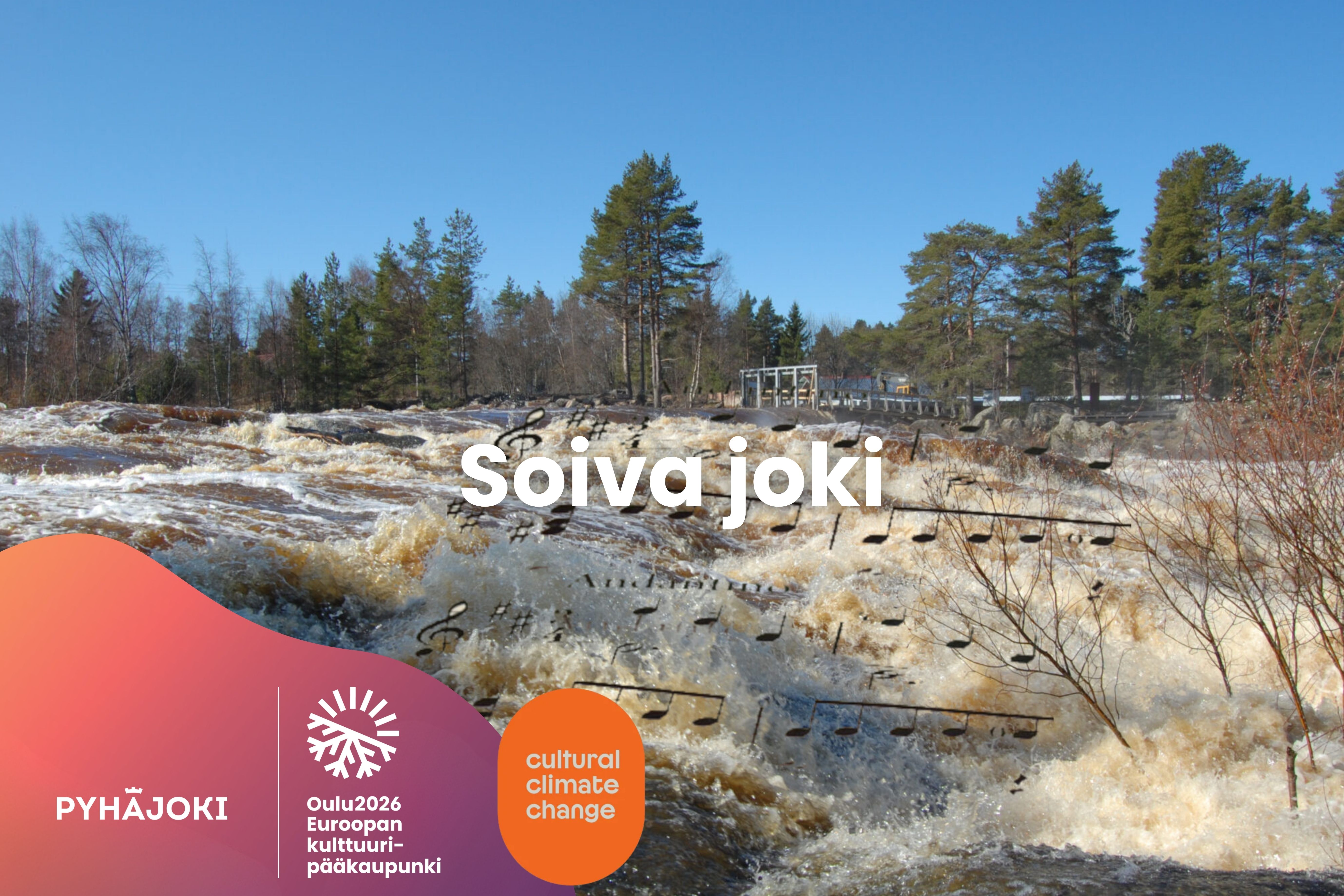 Graafinen mainos Soivasta joesta, jonka kuvana kuohuva Hourunkoski.
