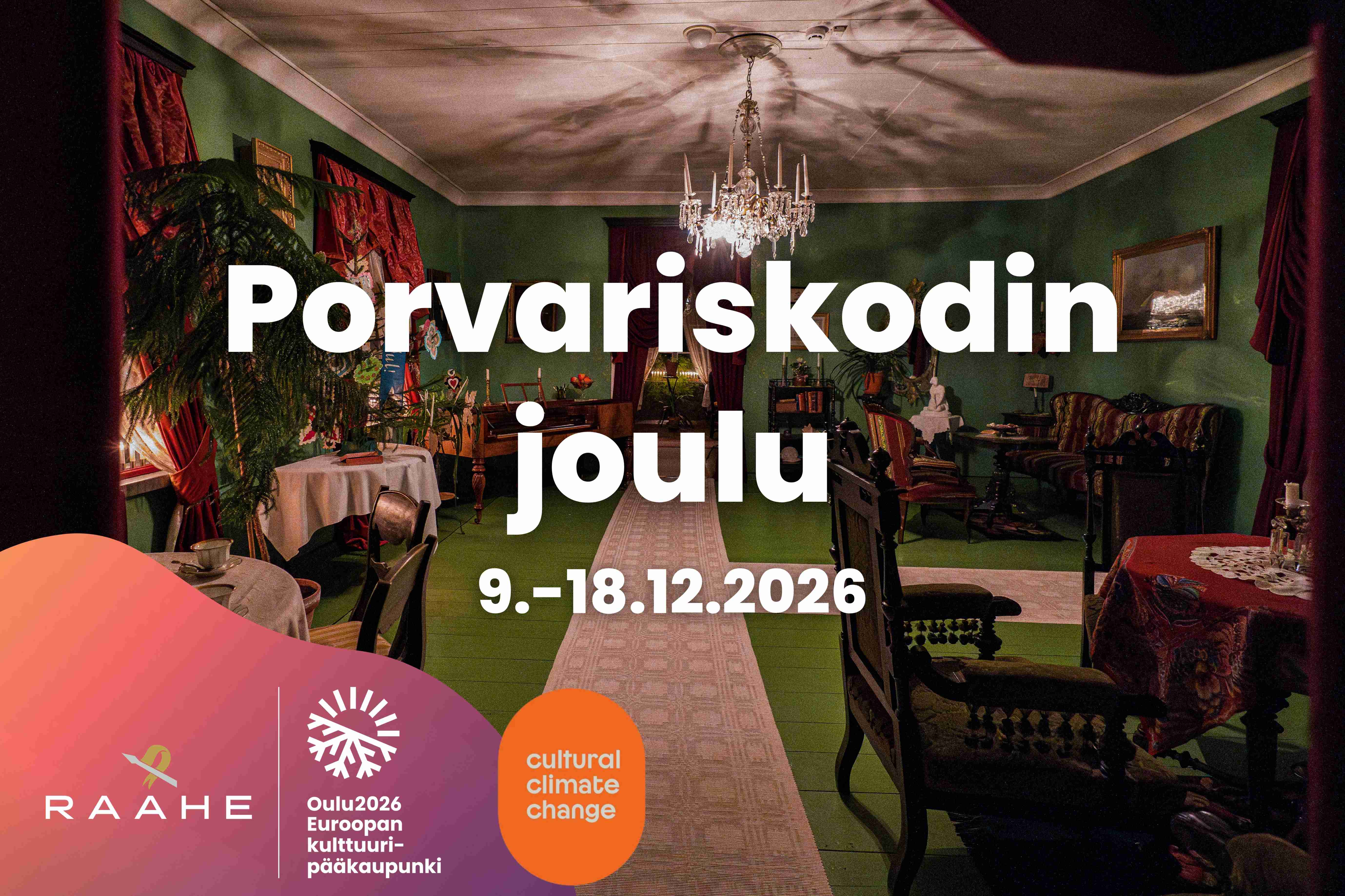 Graafinen ilme Porvariskodin joulusta, jossa kuvana Soveliuksen talon olohuone.