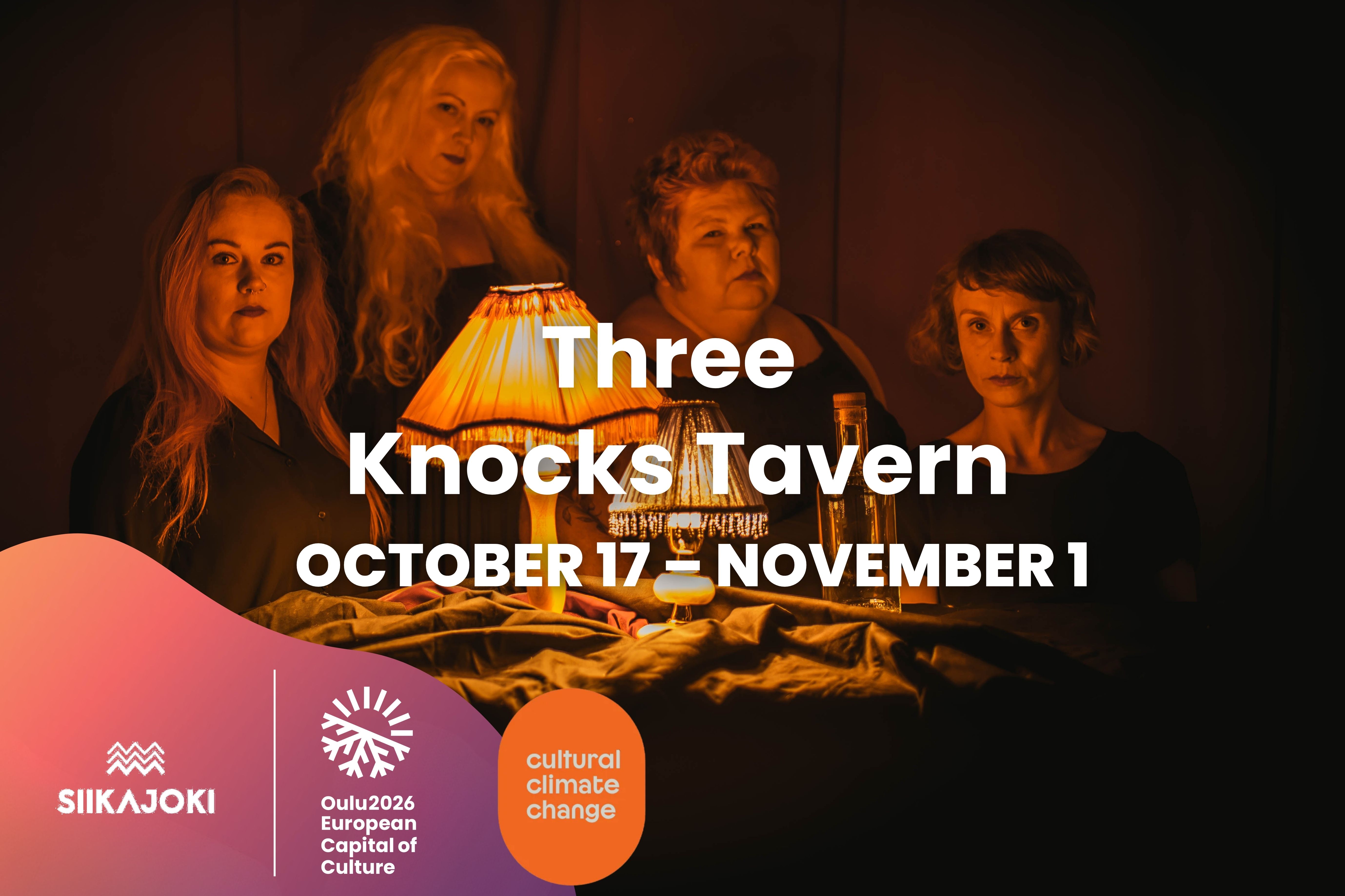 A graphic ad of Three Knocks Tavern, pictured with four ladies sitting in a dim light and staring straight into camera.