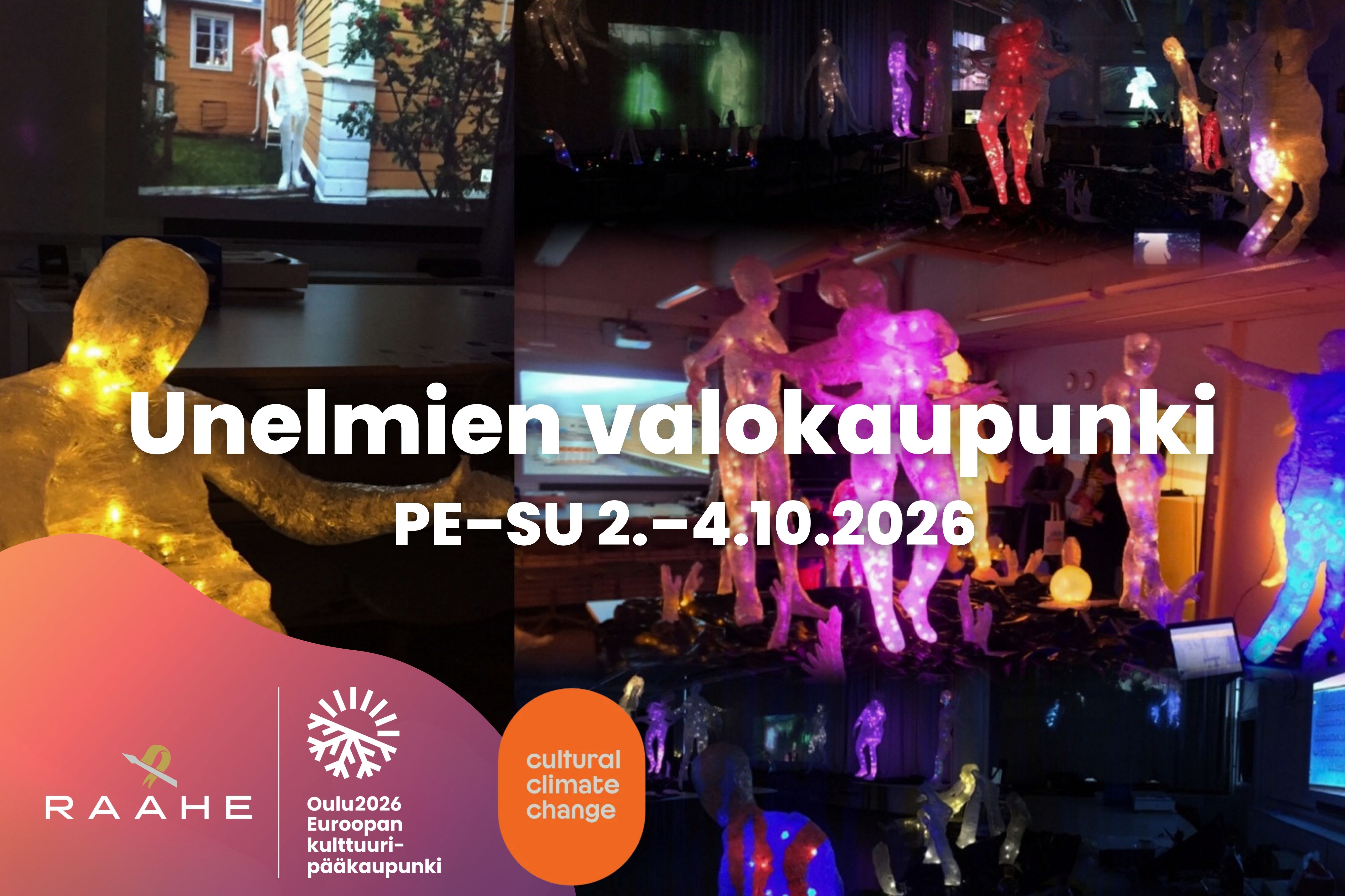 Graafinen mainos Unelmien valokaupungista, jonka kuvana valaistuja ihmishahmoja.