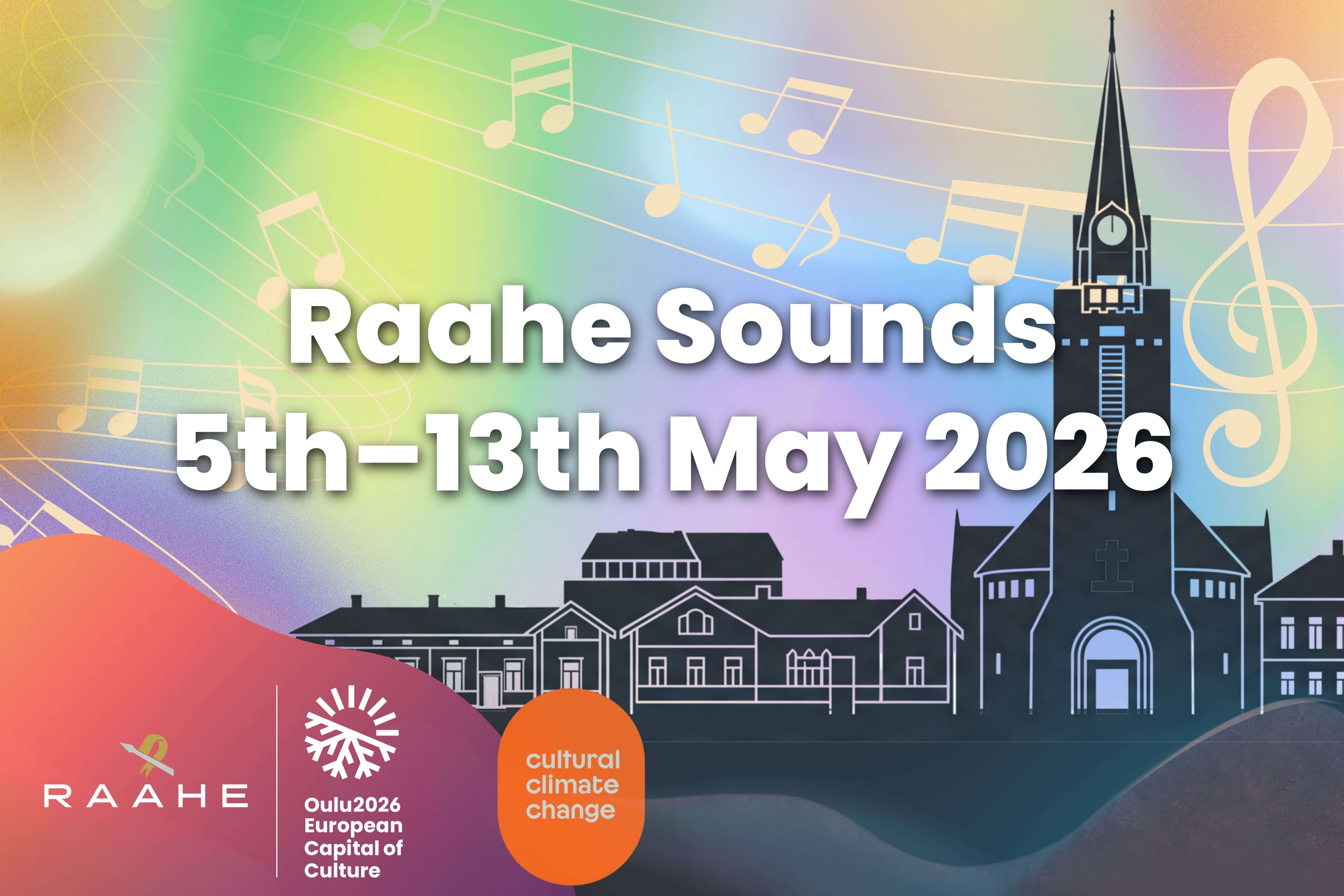 Graphic ad of Raahe Sounds event, with digital drawing of Old Town Raahe.